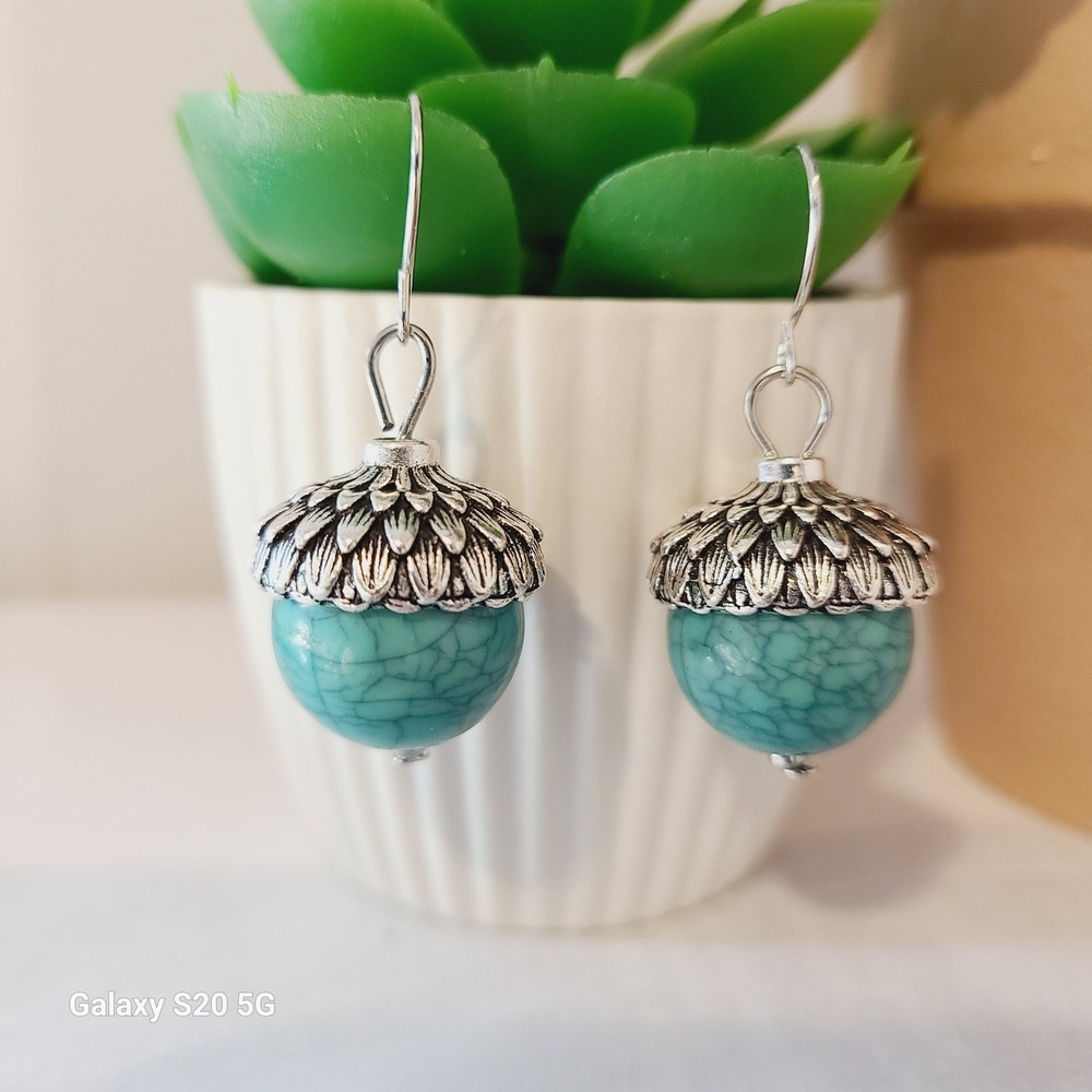 Acorn Turquoise Gemstone Dangle Earrings Silver Tone Women's NEW Fall Autumn